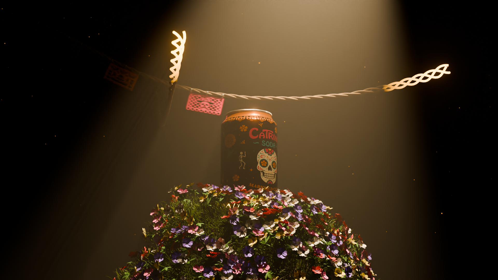 Close-up of Catrina soda can on rock pedestal as flowers bloom