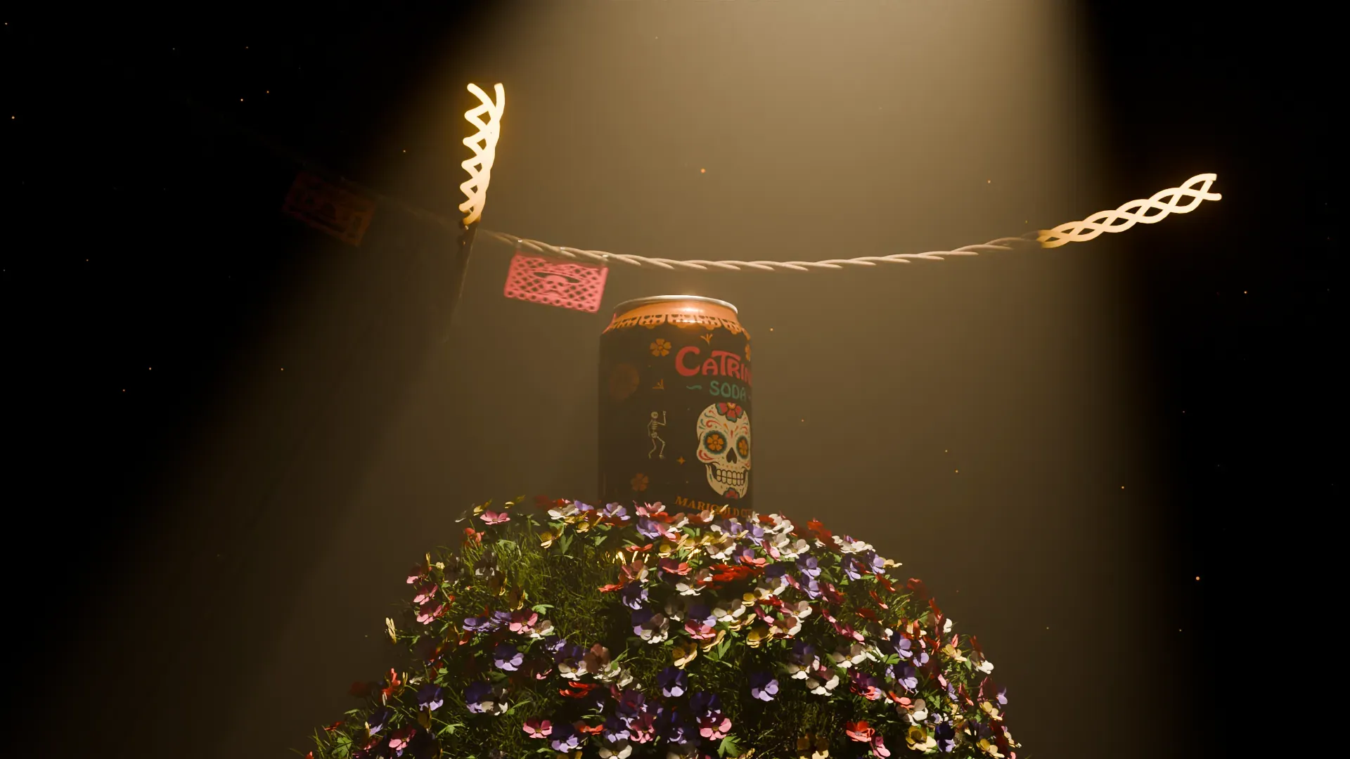 Close-up of Catrina soda can on rock pedestal as flowers bloom