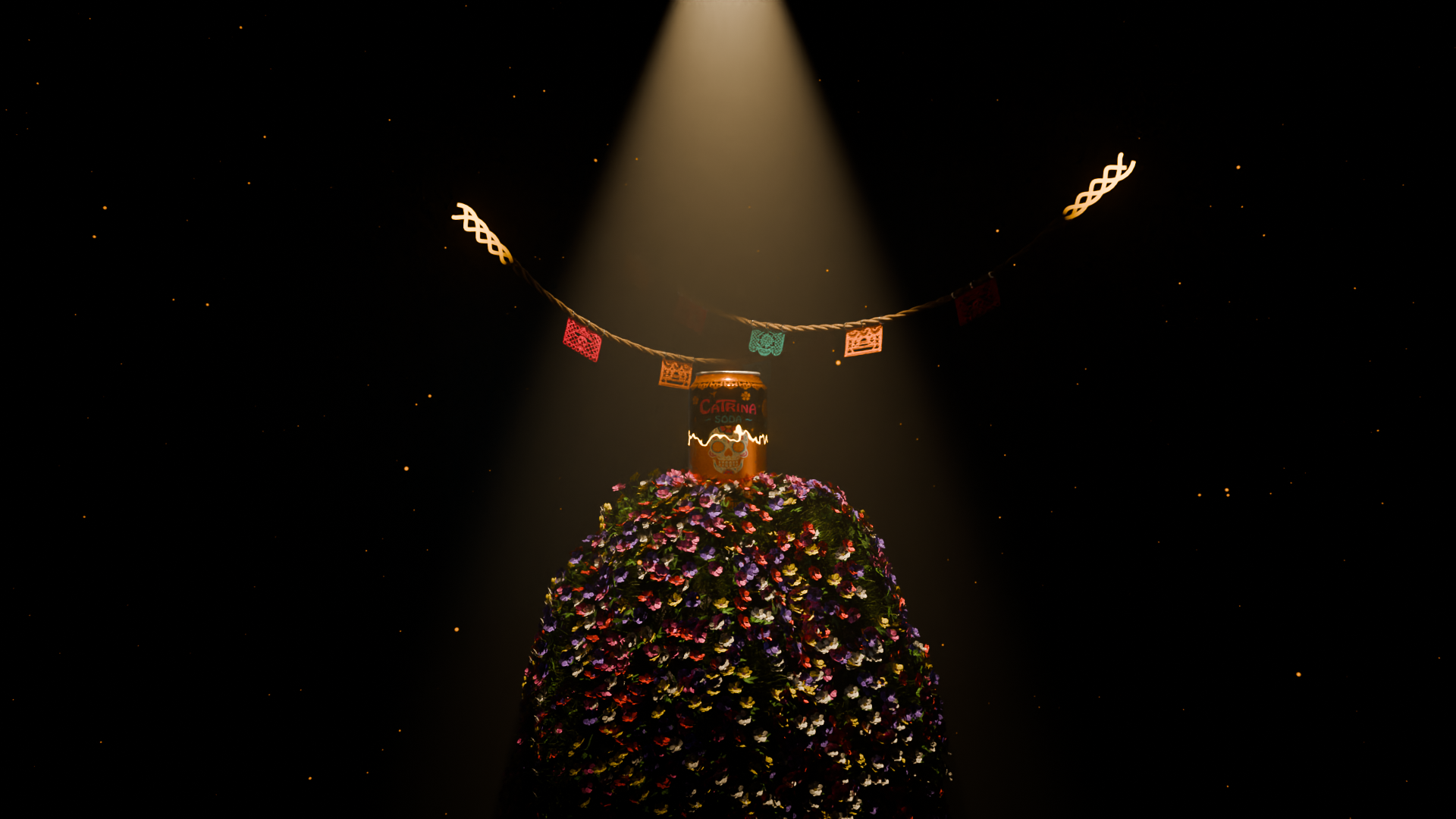 Close-up of Catrina soda can on rock pedestal as flowers bloom