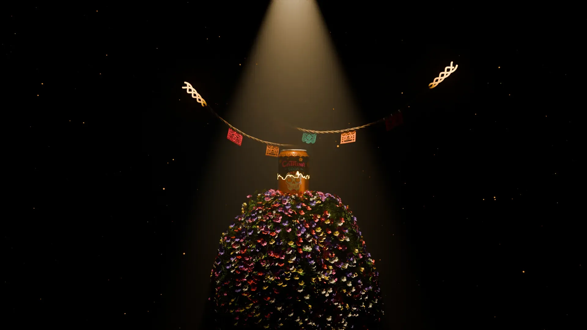 Close-up of Catrina soda can on rock pedestal as flowers bloom