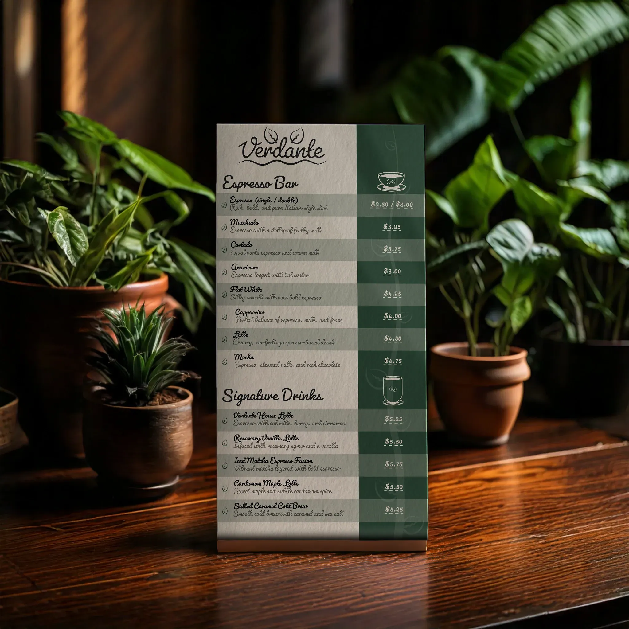 Verdante coffee menu